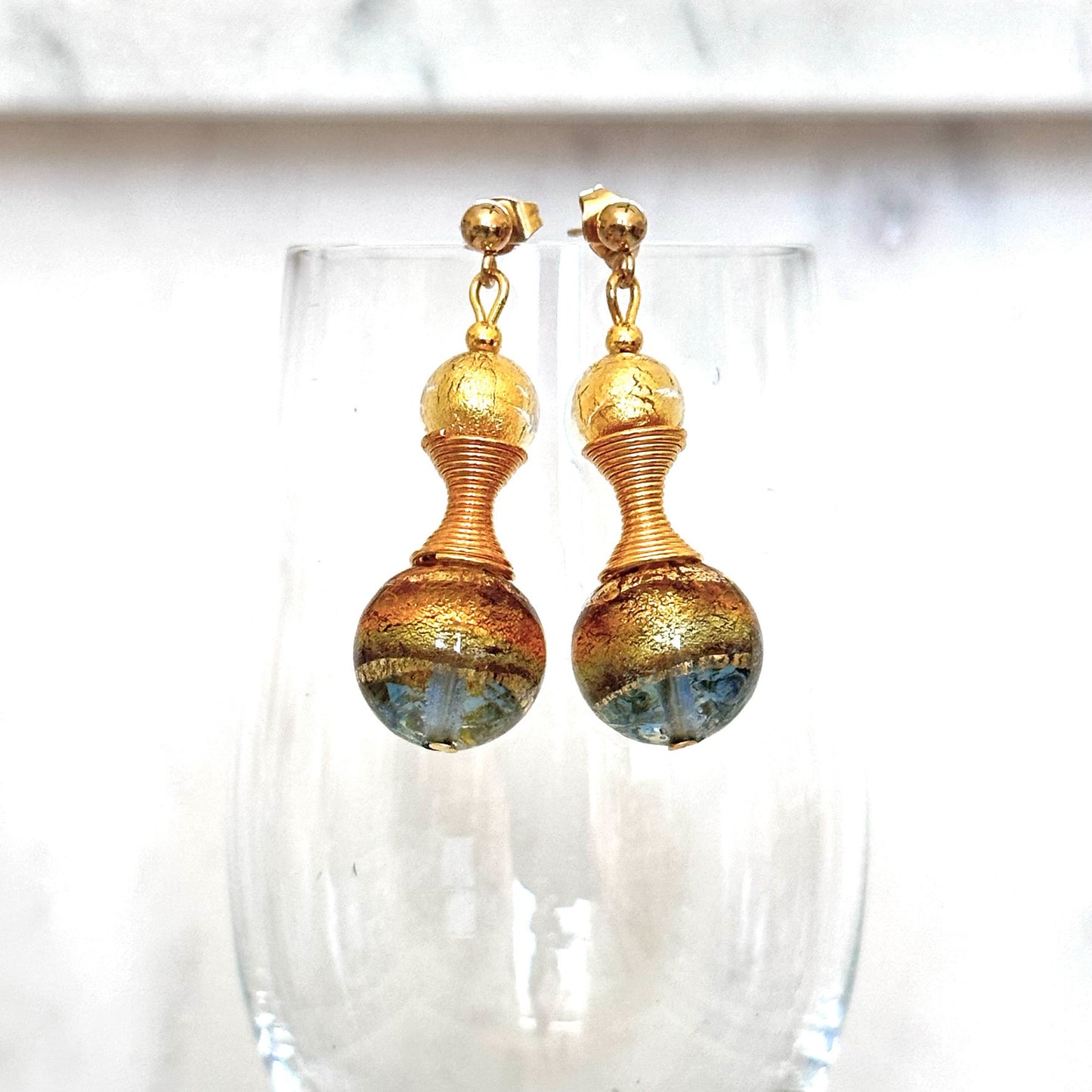 Striped Murano glass beads with gold spirals