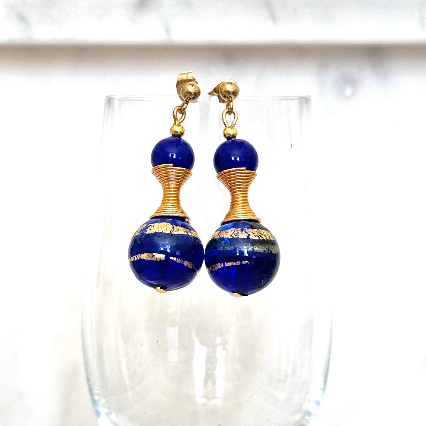 Striped Murano glass beads with gold spirals