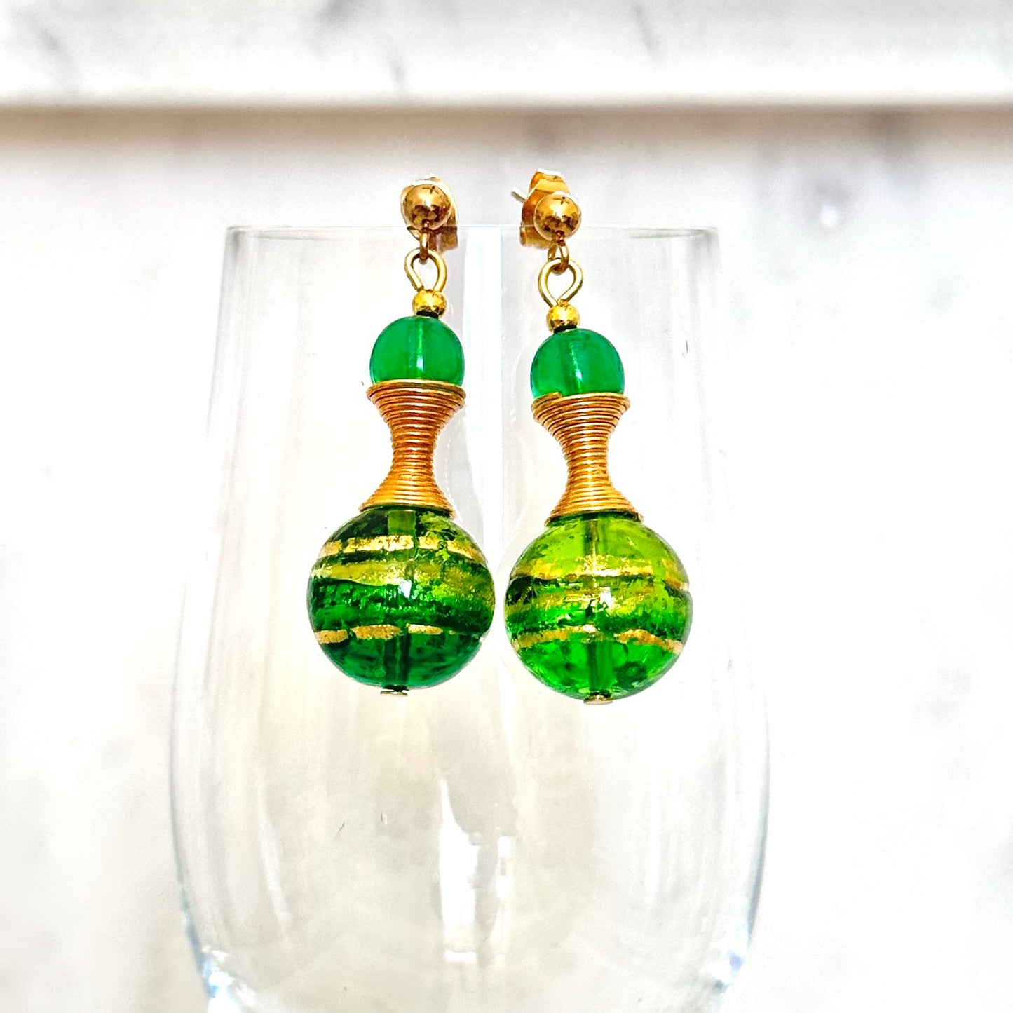 Striped Murano glass beads with gold spirals
