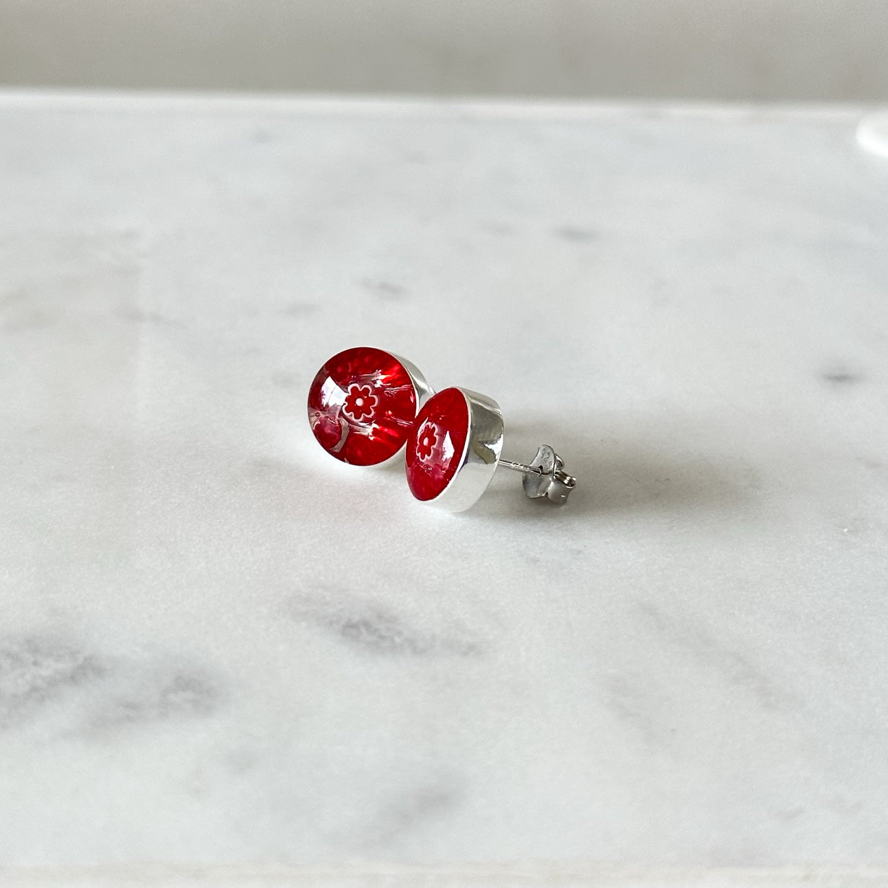 Millefiori Murano millefiori and resin flower mosaic sterling silver stud
