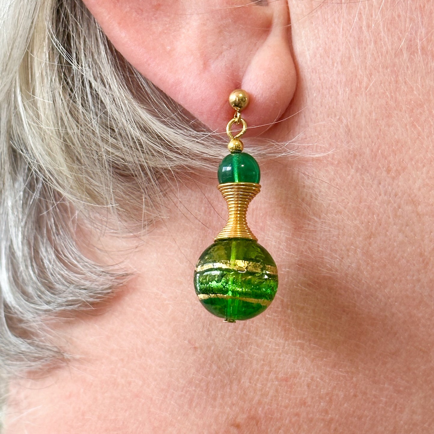 Striped Murano glass beads with gold spirals