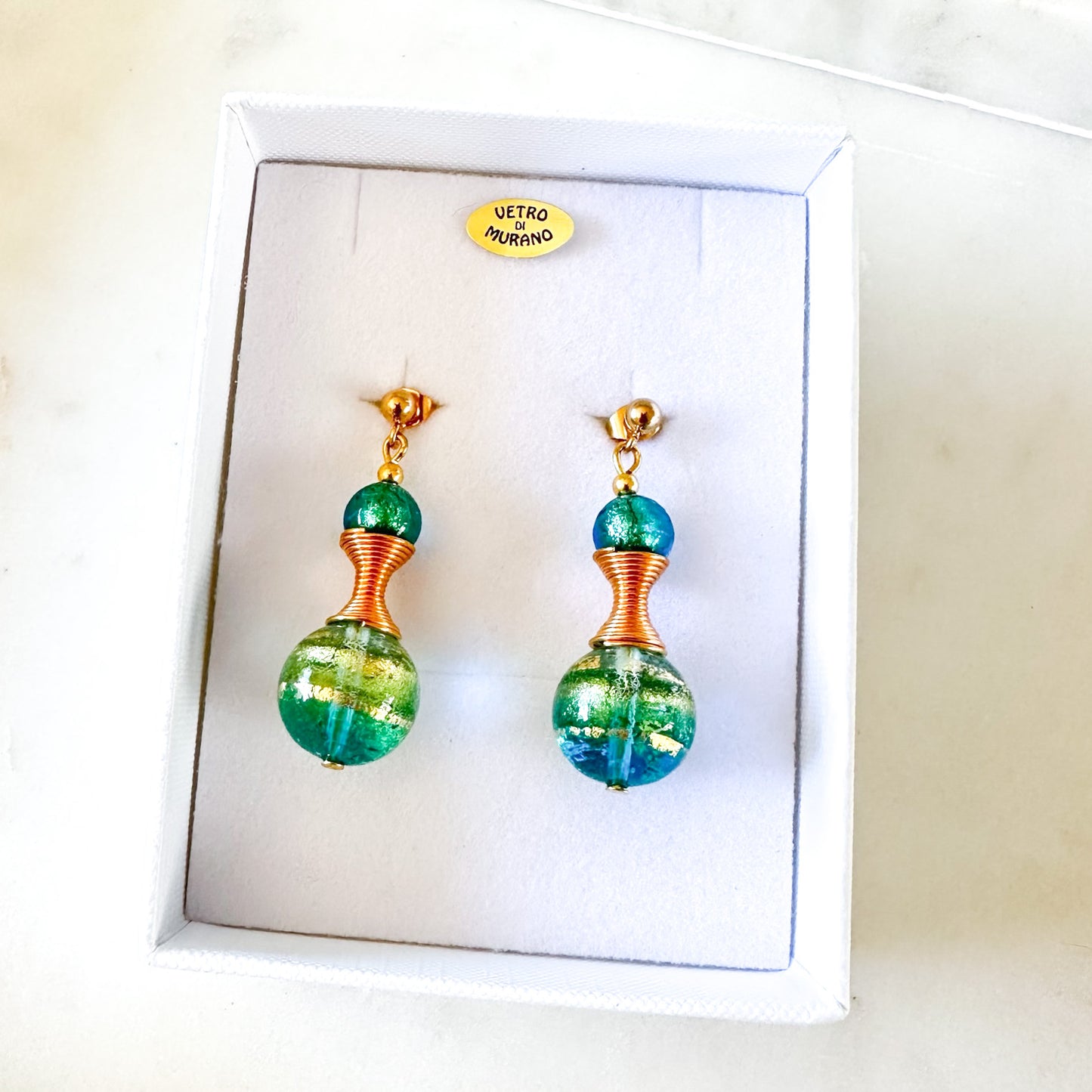 Striped Murano glass beads with gold spirals