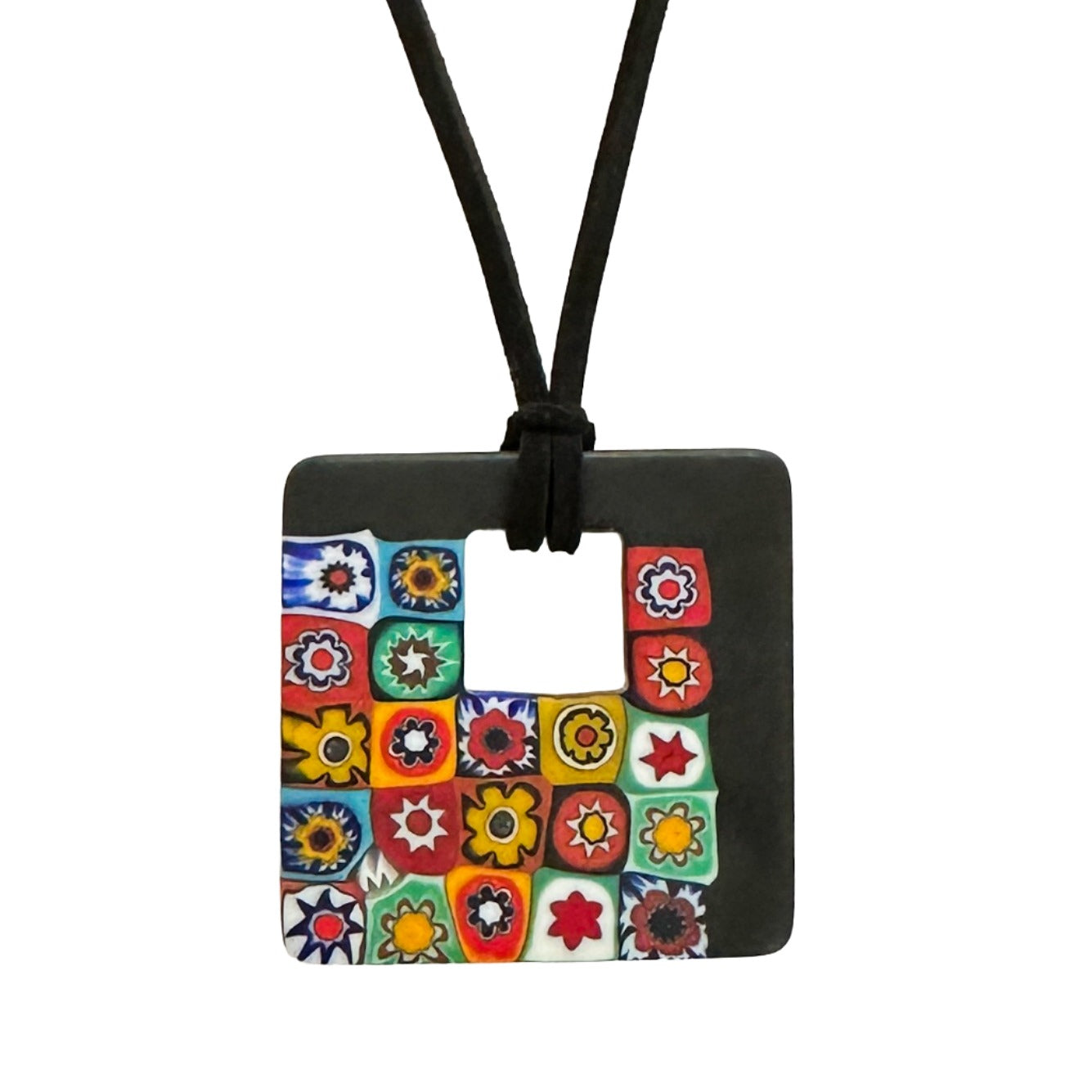 Large square Ercole Moretti matte millefiori pendant with black cord