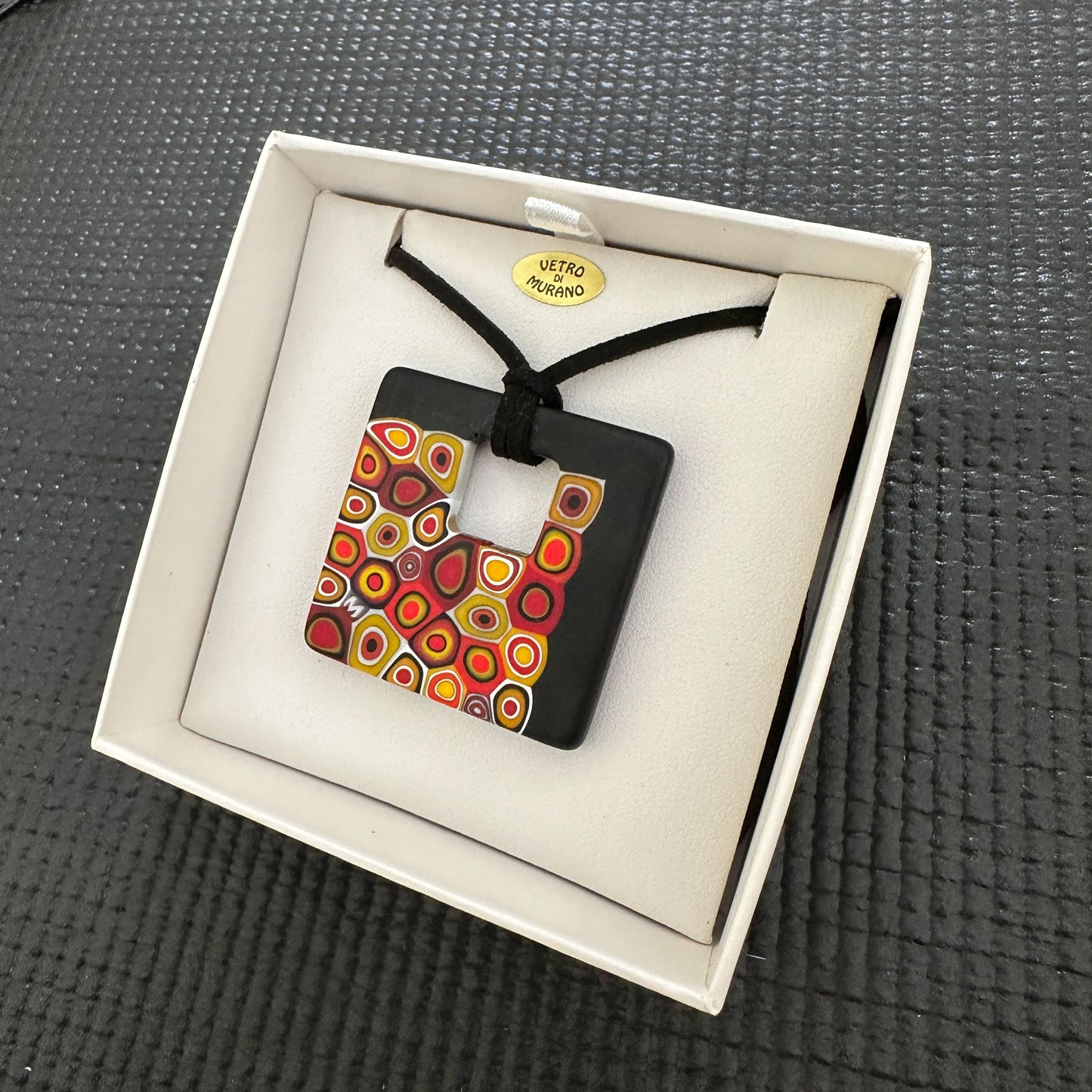 Large square Ercole Moretti matte millefiori pendant with black cord