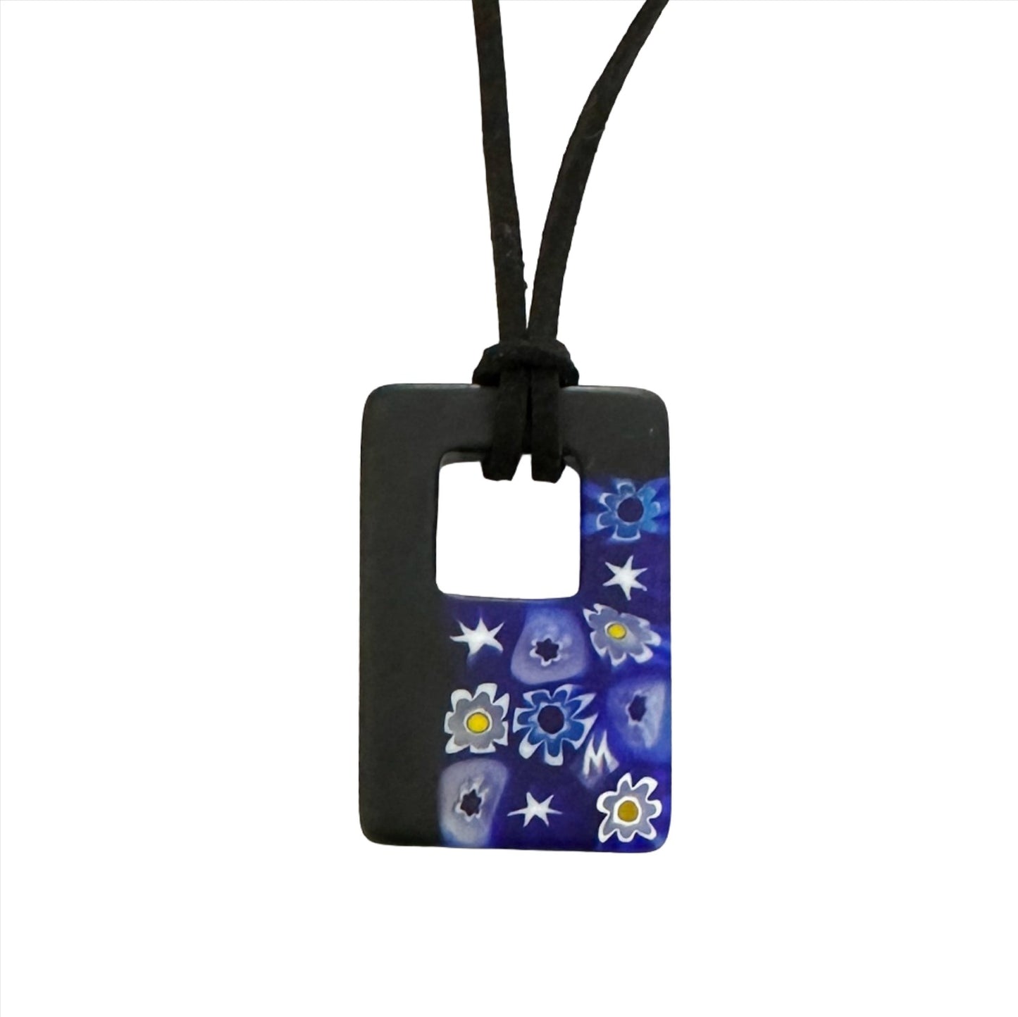 Rectangle Ercole Moretti matte millefiori pendant with black cord