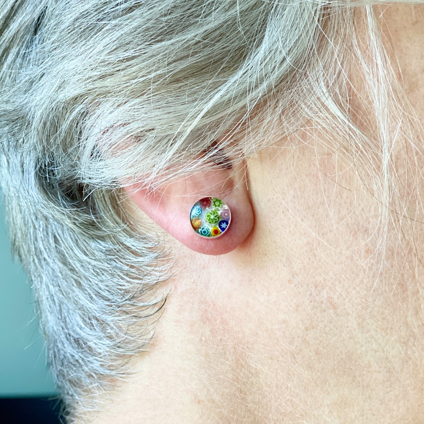 Millefiori Murano millefiori and resin flower mosaic sterling silver stud