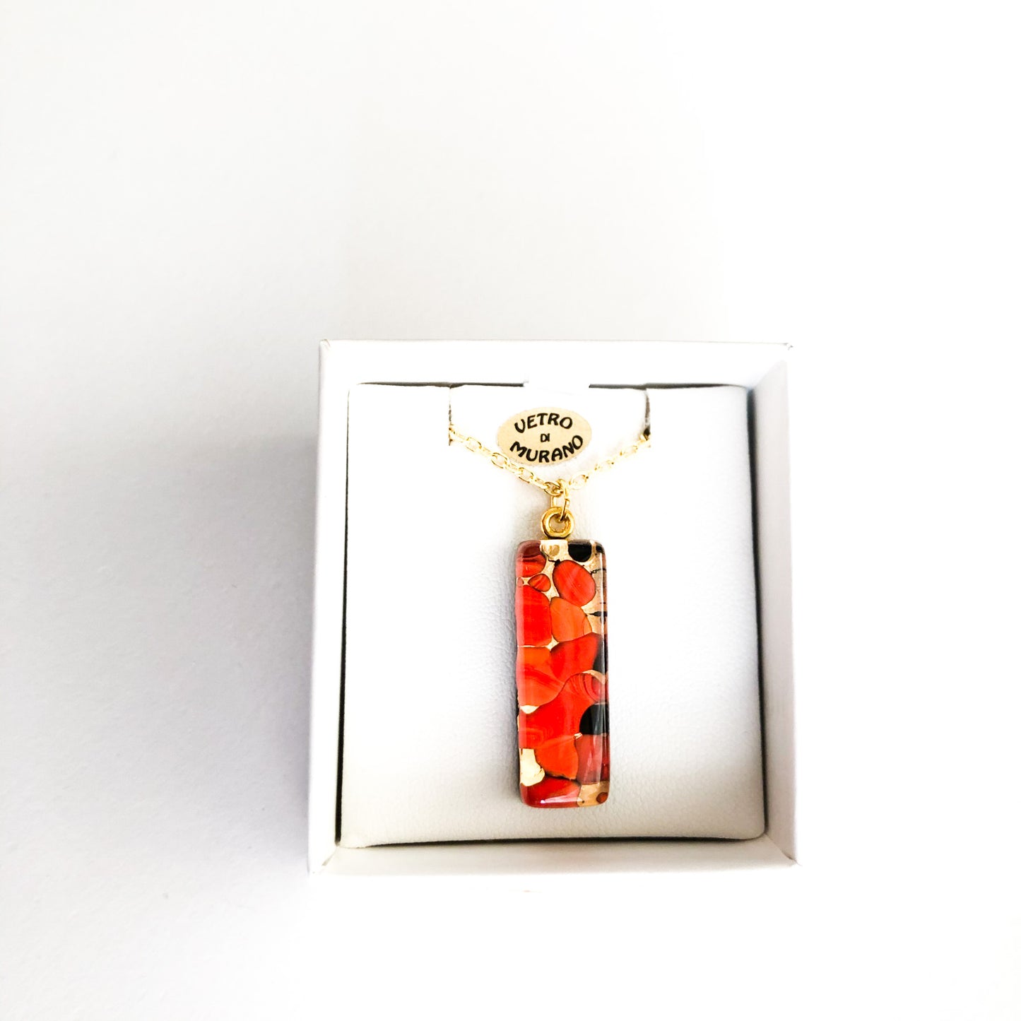 Murano plate glass long thin rectangle pendant with gold chain