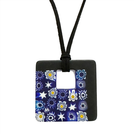 Large square Ercole Moretti matte millefiori pendant with black cord