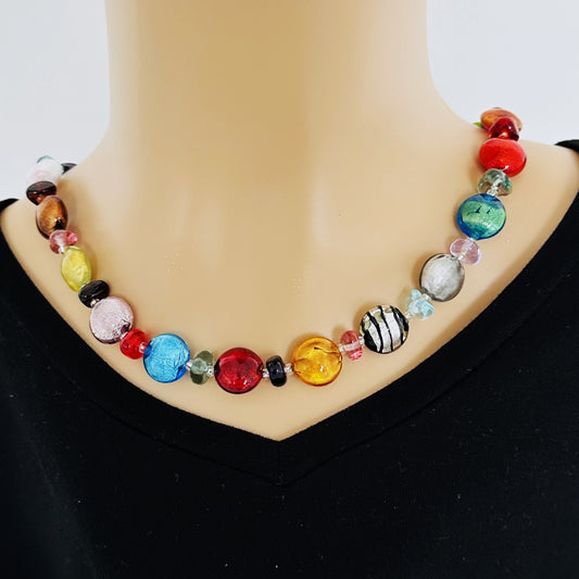 Multicoloured disc and gem necklace